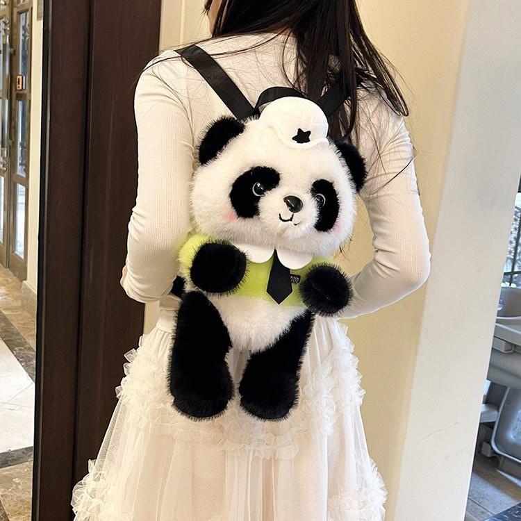 Police Panda Plush Backpack With Cartoon Pattern Adjustable Shoulder Bag Straps