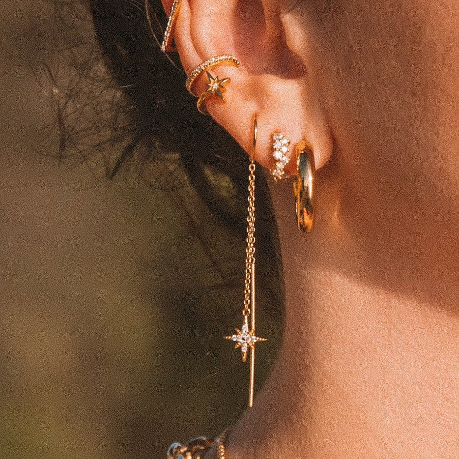 18k Gold Plated Chain Earring Dainty Star Moon Strip Drop Dangle Stainless Steel Long Threader Earring For Women