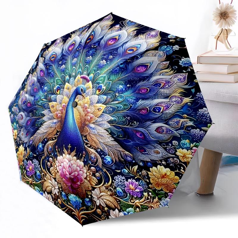 Peacock and Floral Fantasy Outdoor Automatic Umbrella Retractable Design with 8-Rib Durability Lightweight Perfect Gift for Friends Family