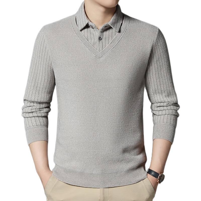 Men's Winter Plus Velvet Faux Two-Piece Knit Polo Sweater