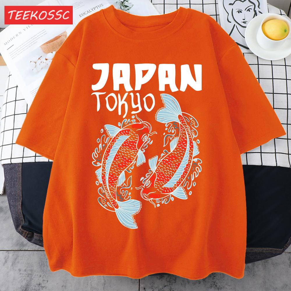Harajuku Japan Tokyo Koi Print Man TShirt Summer New Loose Short Sleeve ONeck Cotton T Shirts Trendy Unisex AllMatch Clothes