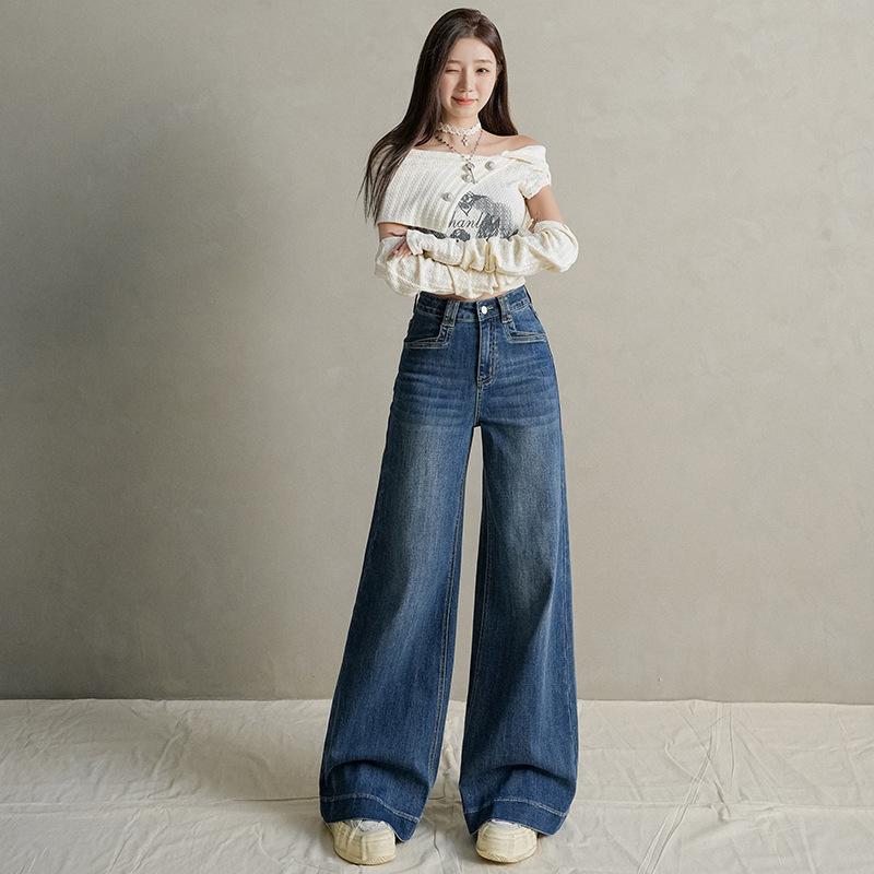 Retro Non-stick Leg Slightly Pulled Jeans Women's Autumn American High Waist Drape Niche Front Pocket Cover Hip Wide Leg Flared Pants