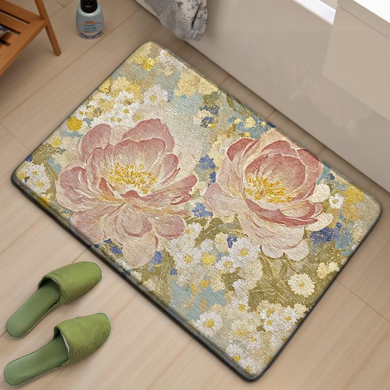 Luxury Floral Bath Mat - Extra Thick & Quick Dry Sponge - Super Absorbent, Skin-Friendly, Non-Slip Bathroom Rug - Elegant Style