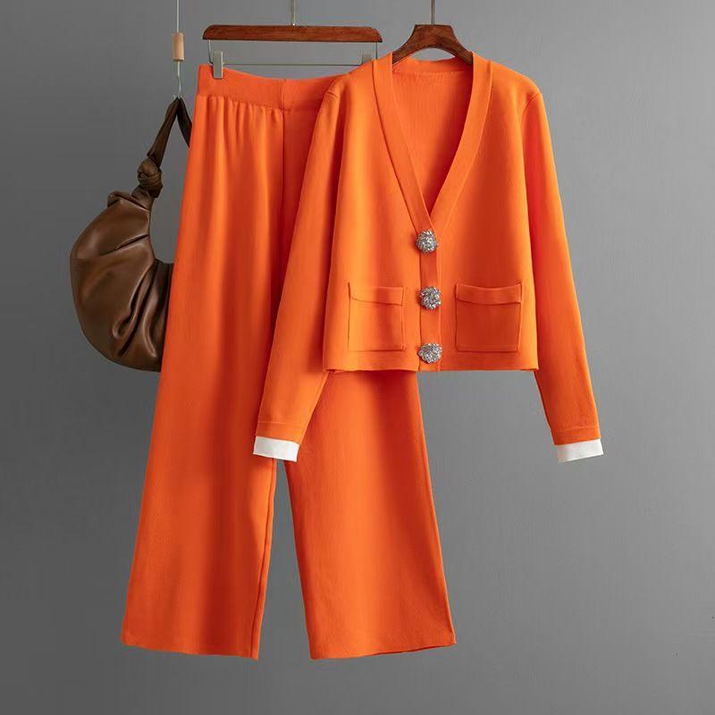 

Fashion Wind Fashionable Knitted V Neck Long Sleeves Outwear Loose Pants Suit V-Neck Top and Pants Set Orange One size