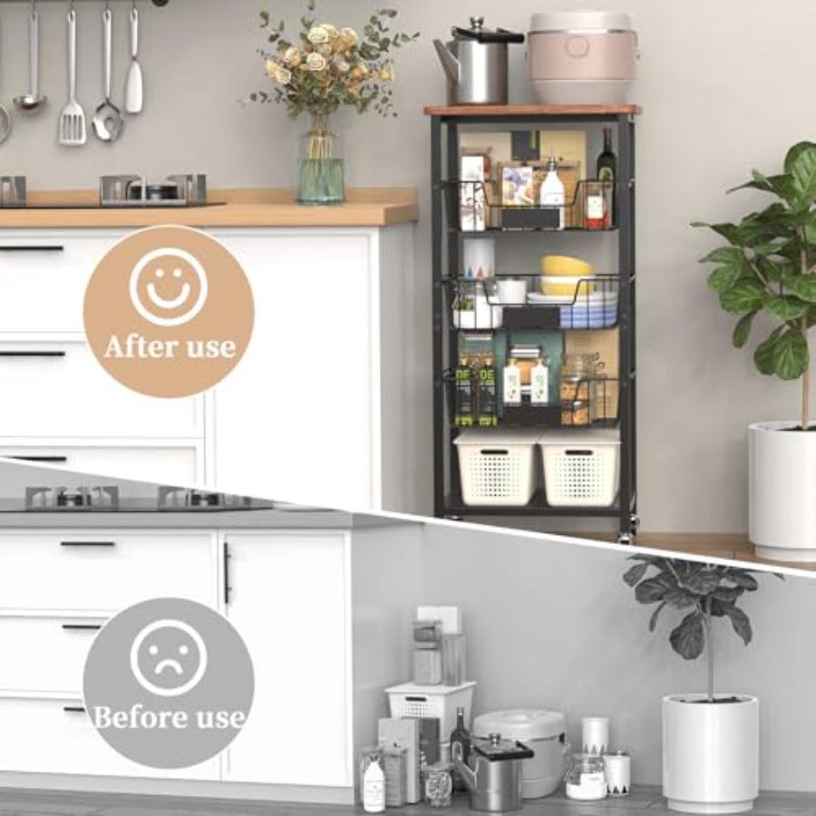 Kitchen Storage Cart Kitchen Basket 5-Tier Utility Organizer with Baskets and Wood Top Rolling Snack Cart with Wheels Metal Bla