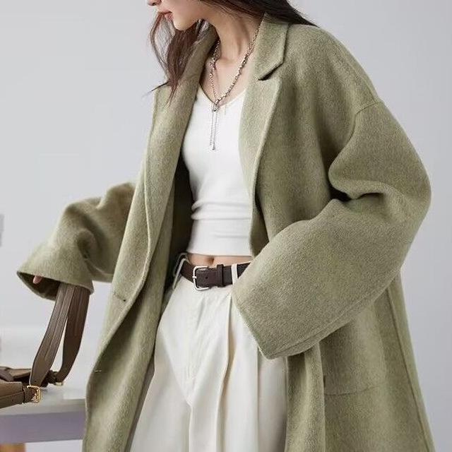 Kurzer Damen-Doppelseitiger Wollmantel mit Anzugkragen und Elasthan, Winter-Übermantel