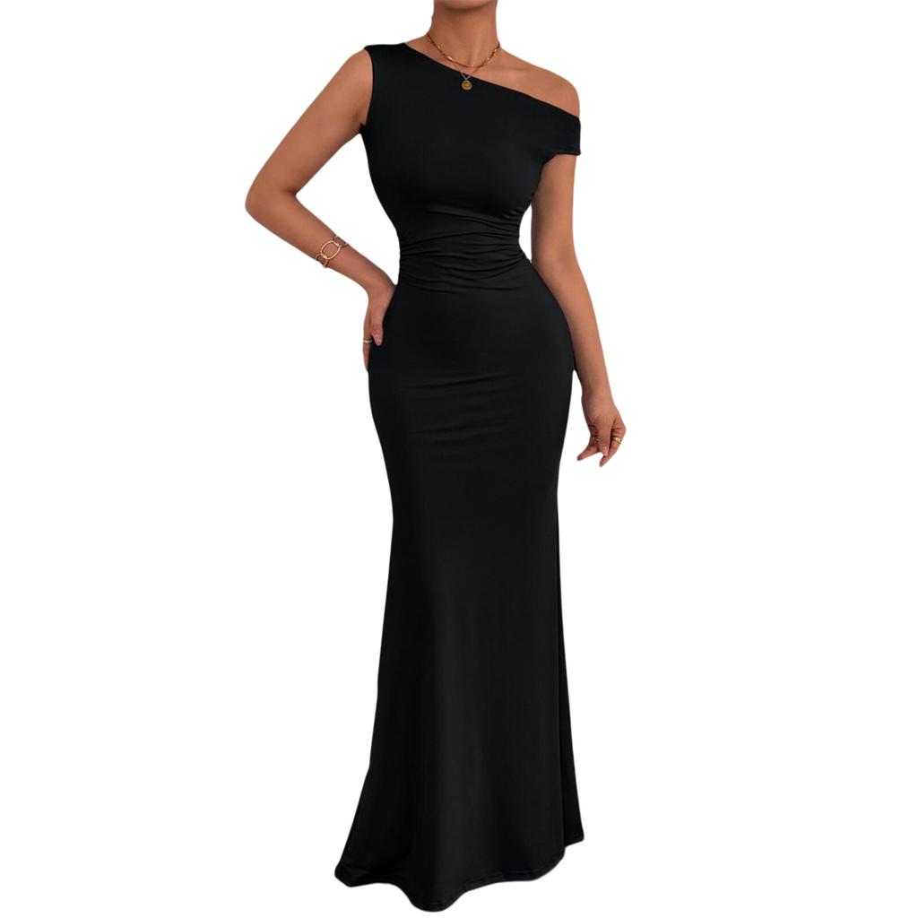 Women’s Casual Asymmetrical Shoulder Ruched Sleeveless Maxi Dress Elegant Fitted Long Dress for Everyday and Evening Wear