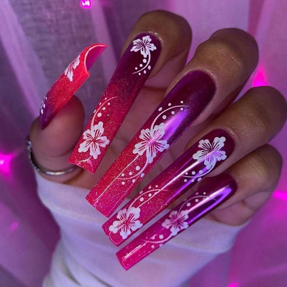 

Cherry Blossom Gradient Fake Nials Long Water Pipe Press on Nails Fashion Nail Tips Women Girls
