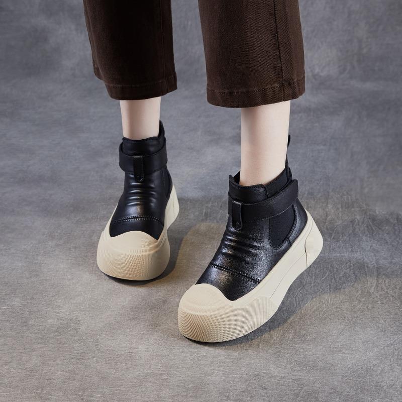 Fashion New 5cm Fashion Women Chunky Platform Ankle Boots Spring Autumn Genuine Leather Pleated Slip On Thick Sole Casual Short Boots