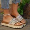 Fashion thick-soled slippers women's rivets hemp rope large size rhinestone beach slippers