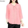 Women Casual Round Neck Lace Splice 3/4 Sleeve Blouse