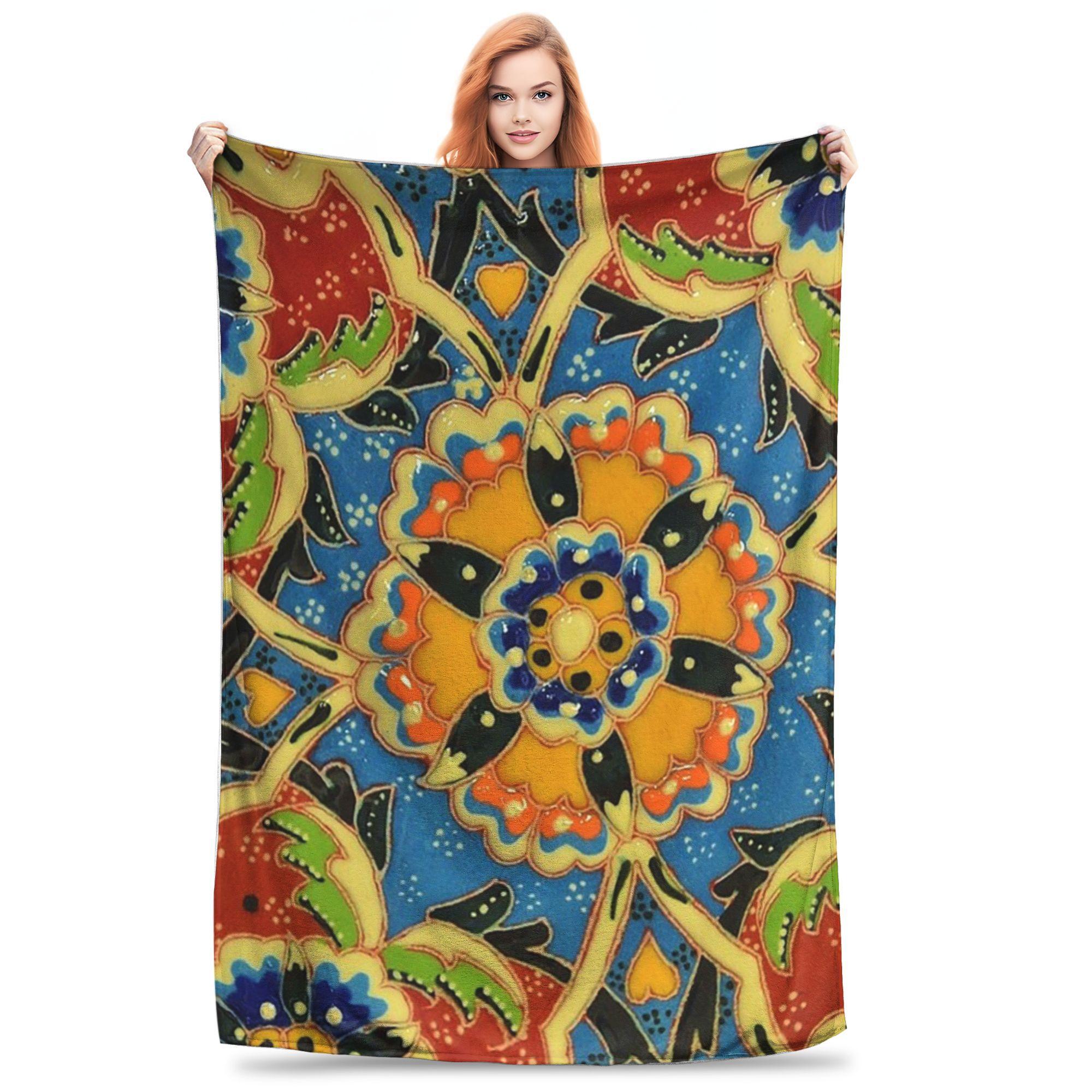 

Flannel Throw Blanket Abstract Vibrant Oriental Japanese Floral Tile Pattern Colorful Geometrical Flowers Blankets for Bed Room 80x120cm