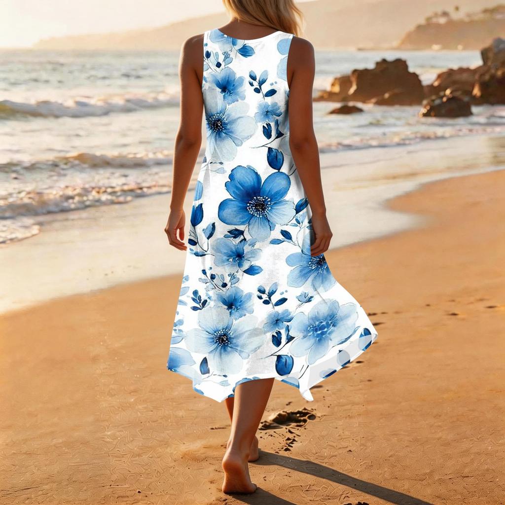 Women's Casual Sleeveless Floral Print Dress with Round Neck and Asymmetrical Hem Mid-Length Summer Dress for Daily Wear