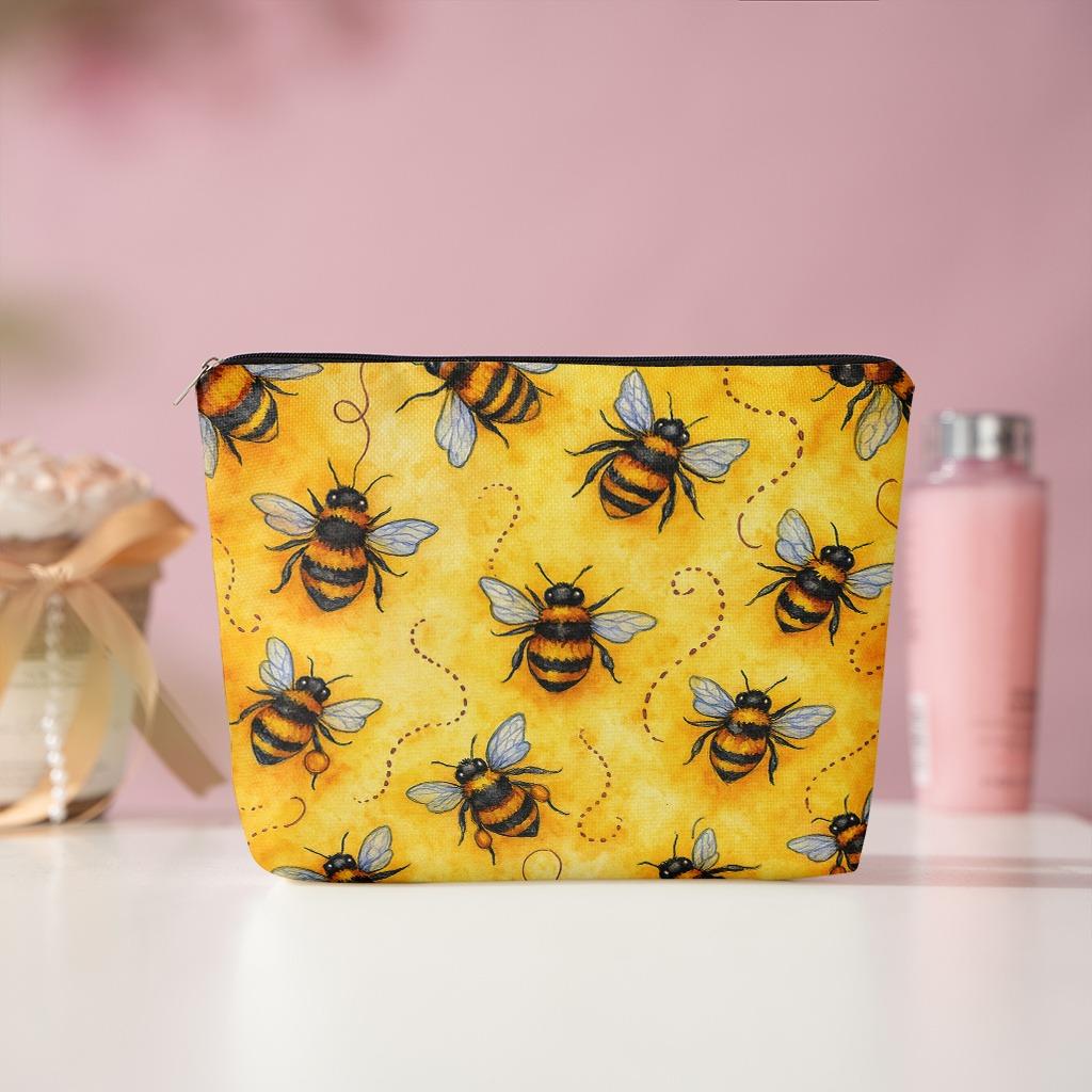 1pc Yellow Cartoon Bee Print Makeup Storage Bag Portable Zipper Pouch Easy Access Toiletry for Women Daily Use