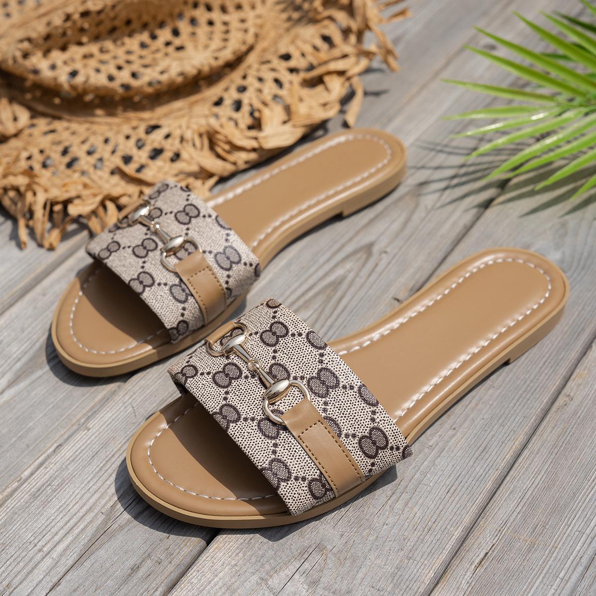 

2025 summer new French retro chain buckle flat-bottomed slippers versatile one-pedal fish mouth casual beach slippers women 43 коричневый