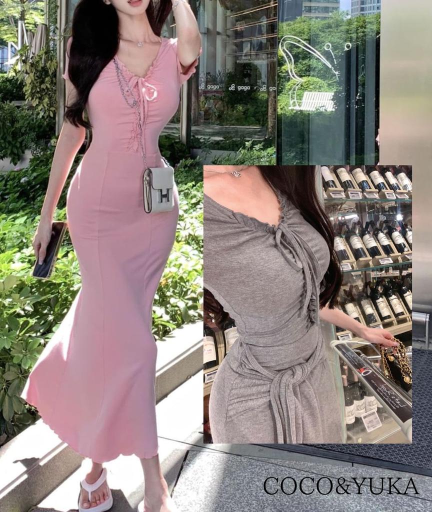 Coco Yuka Dopasowana Długa Krótka Syrenka Długa Idealna na Uroczy i Elegancki Rozmiar i Sukienka, Rękawy, Dekolt V, Seksowna, Odkrywająca Ramiona, Poniżej Kolana, Styl,