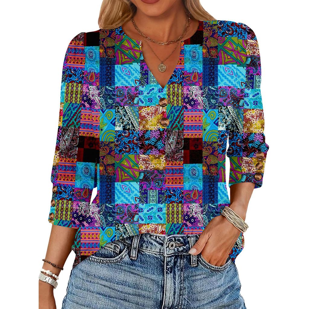 Women's Retro Printed Loose 7-inch Sleeve Top