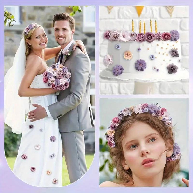 20 Pcs Flower Heads, Mini Artificial Flowers, Green, Purple, Pink, Wedding Bridal Headpieces, Flowers