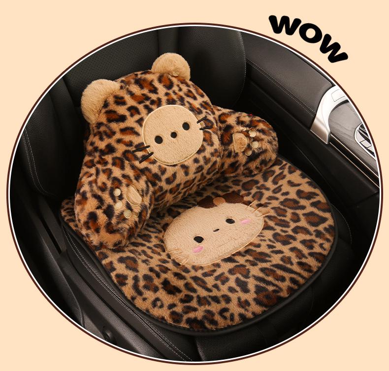 Leopard Print Kitten Cartoon Winter Plush Car Seat Cushion for ORA Good Cat, Ballet Cat, or Lightning Cat