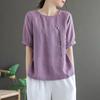 T-shirt da donna estiva rétro in cotone e lino, larga, con ricami floreali