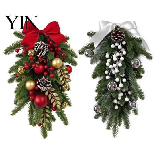 Rustic Pine Cone Red Berry Swag Christmas Teardrop Decoration, Artificial Wreath with Berries Cones Front Door Decoration And Bow for Door,
