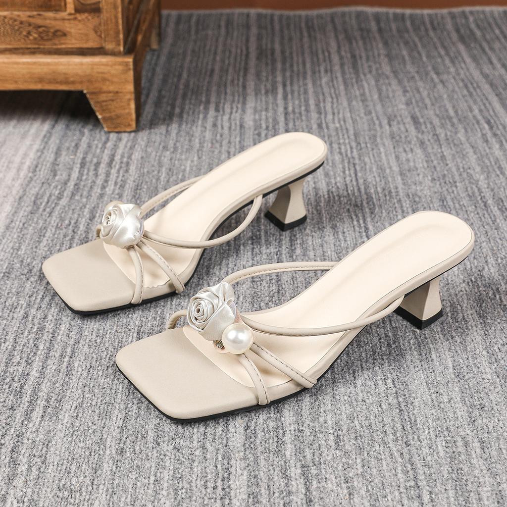 Fashion Luxury Rose Flower Slippers Women Pearl Beading High Heels Flip Flops Narrow Band Strange Heeled Crystal Sandalias Mujer 2025