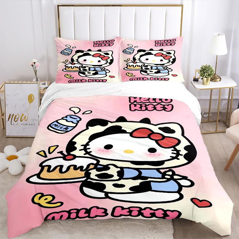 3pcs Milk Hello Kitty Printed Duvet Cover Set (1 * Cover+2 * Pillowcase, Without Core), Suitable for Home Bedroom, Guest Room, Dormitory Decorati