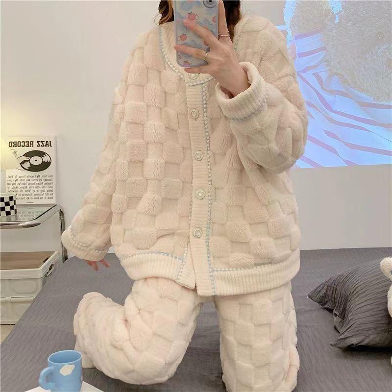 Green  White Blue Thickened Coral Fleece Pajamas Set Women Autumn Winter Lounge Home Warm Sleepwear Plus Size Homewear