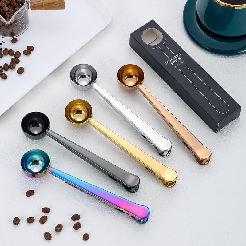 2-in-1 Stainless Steel Measuring Spoon Coffee Bean Bag Clip (BPA Free, No FDA)