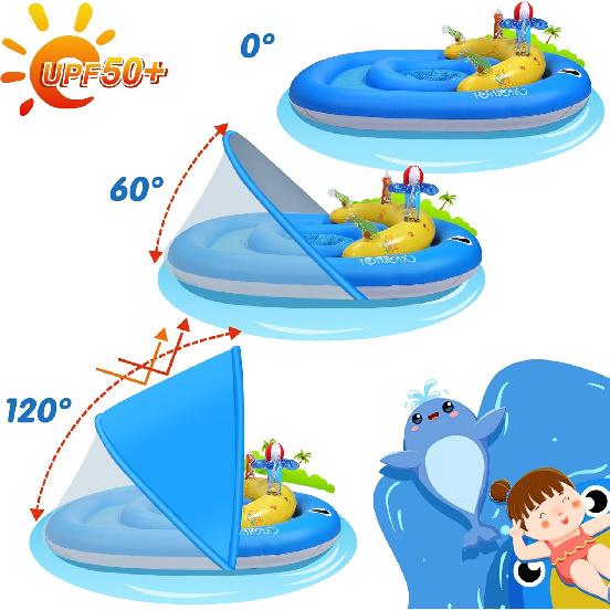 Baby Pool Float with Canopy UPF50+ Sun Protection, 6-24 Months Inflatable Infant Swimming Ring, Bath Floatie, Swimming Pool Accessories, and Toy Play