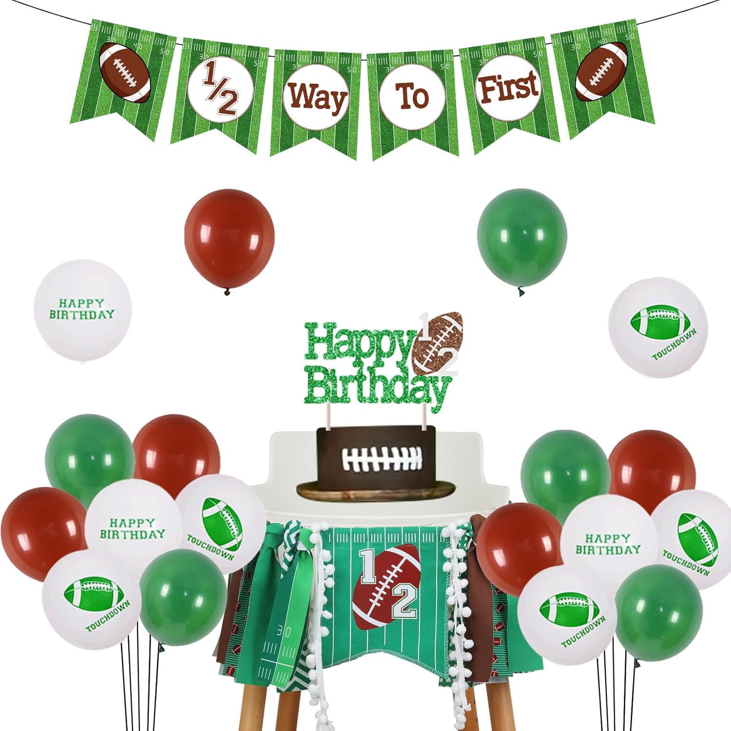 Jollyboom Football Half Birthday Decorations Boy, 1/2 Way To First Banner Football High Chair Banner Garland Cake Topper Latex Balloon for Sport 6