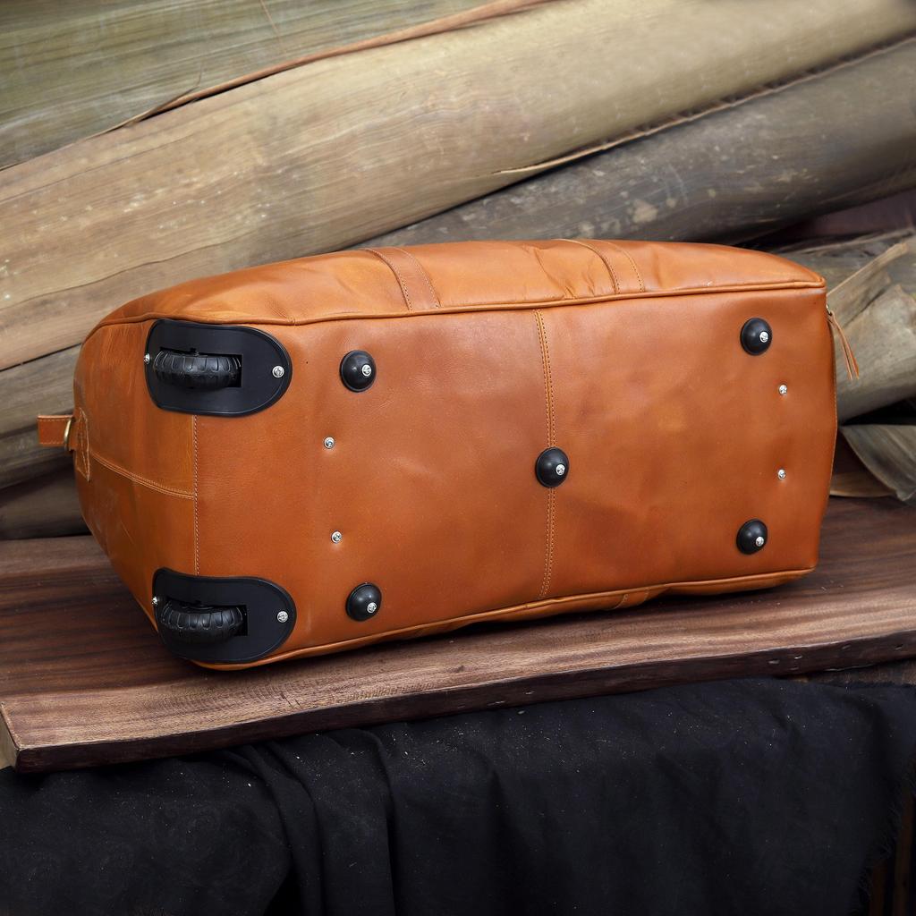 Handmade Leather Trolley Duffel: Personalized Mens Weekender Holdall Bag Gift him