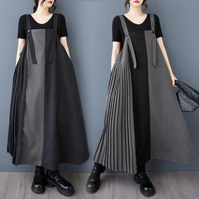 DIMANAF 2025 Women Plus Size Summer Dress Casual Pleated Sleeveless Dress Basic Vintage Loose Long Overall Dress