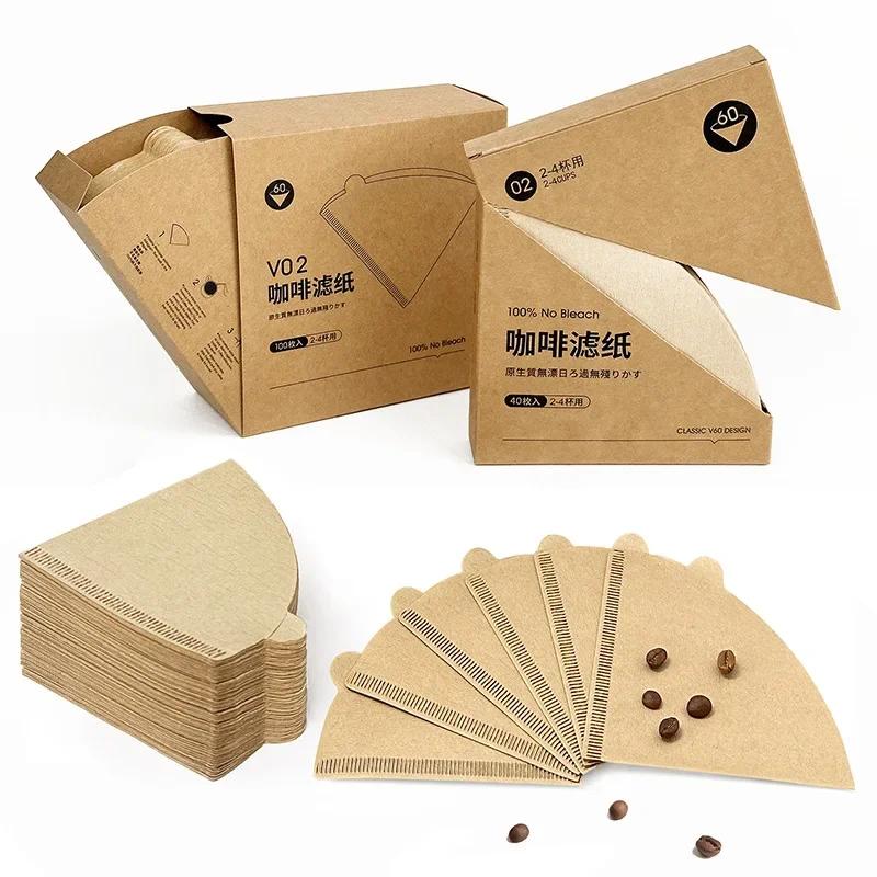 100pcs Wood Pulp Coffee Filter Paper, Conical Unbleached V01/V02 for Hand Brew & Espresso Machine, Portable & Eco-Friendly