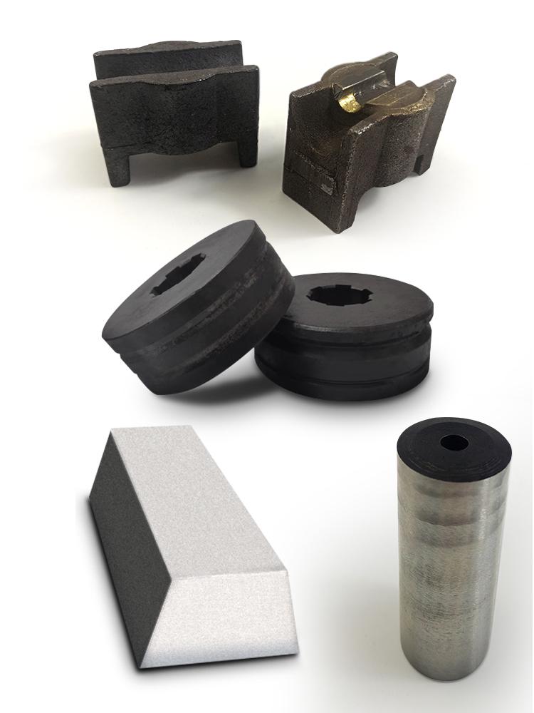 Rebar Straightening Machine Accessories: Alloy Guide Tube, Trapezoidal Blade, Spline Wheel, Straightening Block & Pressing Wheel.