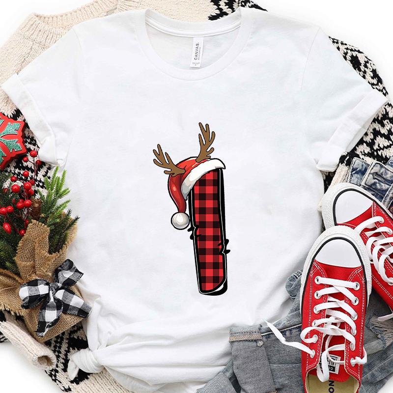 Christmas Alphabet AZ Letter Print Womens Tshirt Santa Graphic Casual Holiday Fashion Top Xmas Party Tees shirt for Women