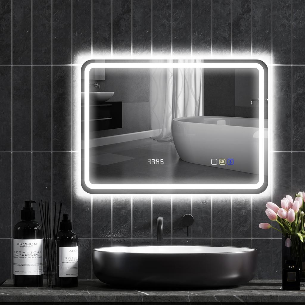 Bathroom mirror Bluetooth with LED lighting 50 x 70 cm, illuminated wall mirror with clock, anti-fog, silver