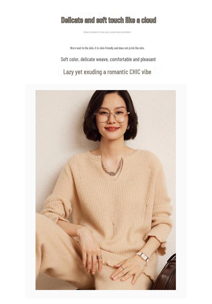 Women's Thickened Cashmere Sweater with Scissor Collar and Sequin Detail - Autumn/Winter Knitted Base Layer