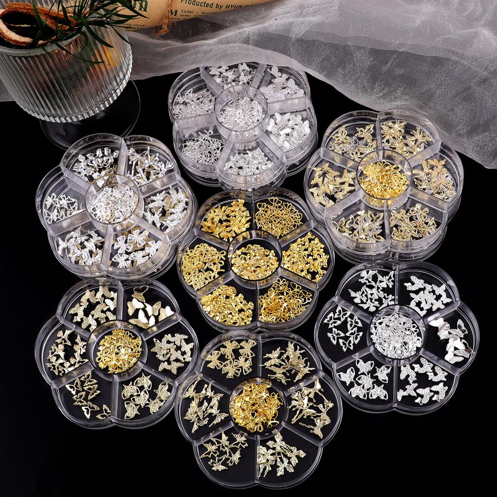 7-Grid Petal Box Nail Art Metal Alloy Three-Dimensional Bow Nail Art Jewelry Diy Silver Butterfly Nail Drill