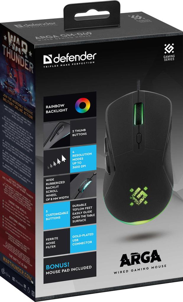 Mysz przewodowa Defender ARGA GM-049 3600dpi 6P + podkładka Gaming