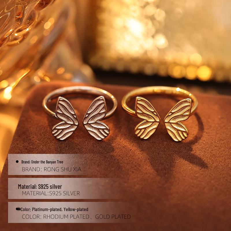 Banyan Tree S925 Silver Butterfly Ring - Forest Series: Feminine, Fairy-inspired, Sweet Fashion with Open Design. Perfect for Index Finger.
