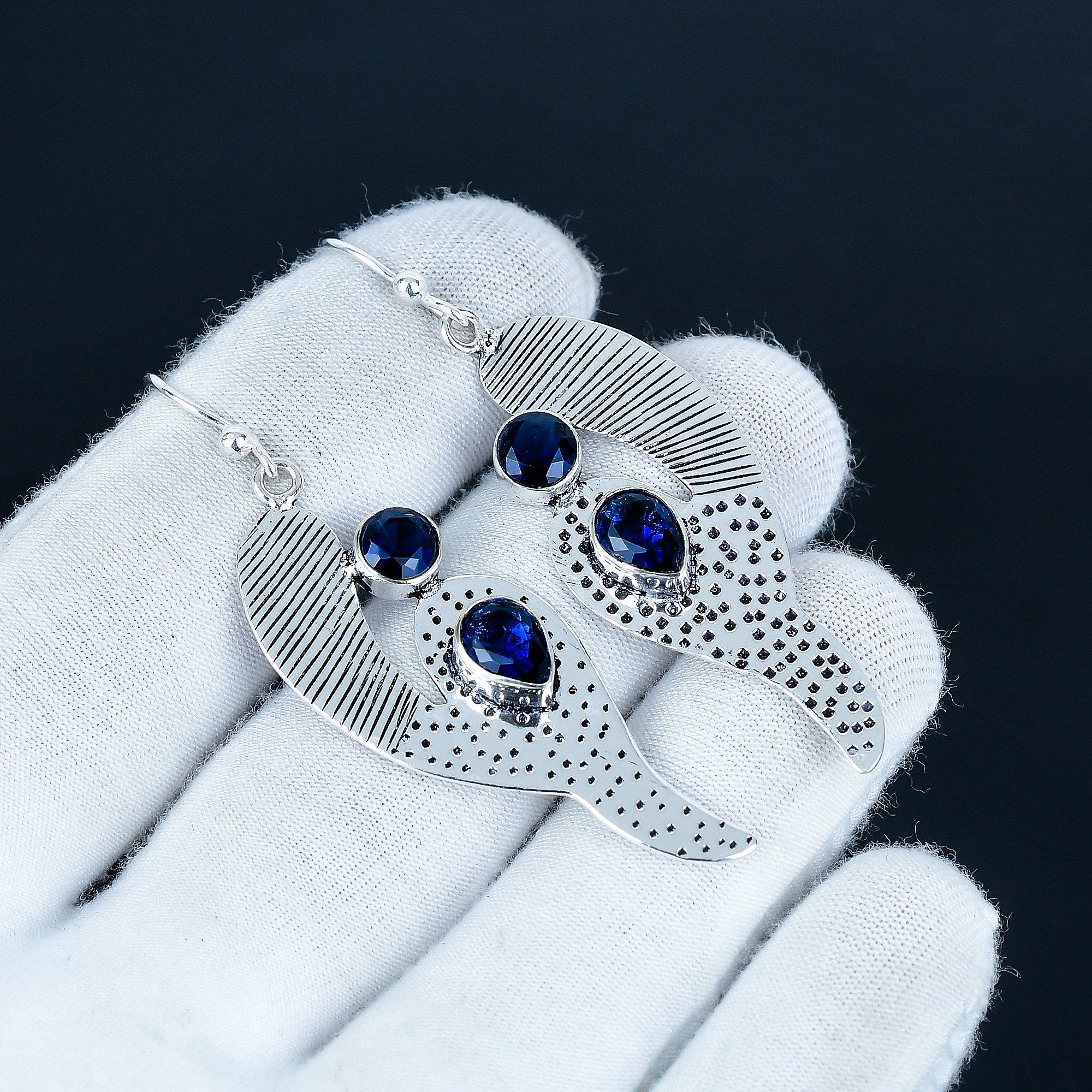 

Серьги с драгоценным камнем синий сапфир, серьги из стерлингового серебра 925 пробы, серьги-подвески из серебра ручной работы в стиле бохо, подарок на День святого Валентина 7 Cm синий