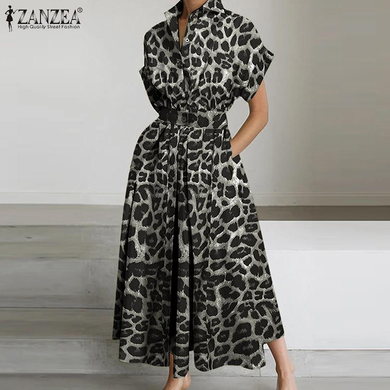 ZANZEA Women Casual Turn Down Collar Summer Short Sleeve Leopard Print Dress