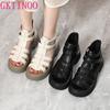 GKTINOO Women Gladiator Sandals 2025 Summer Vintage T-Strap Cover Heel Genuine Leather Flat Heels Casual Shoes Woman Back Zip 43