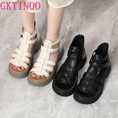 GKTINOO Damen Gladiatorsandalen 2025 Sommer Vintage T-Riemen Verdeckter Absatz Echtes Leder Flache Absätze Freizeitschuhe Frau Reißverschluss hinten 43