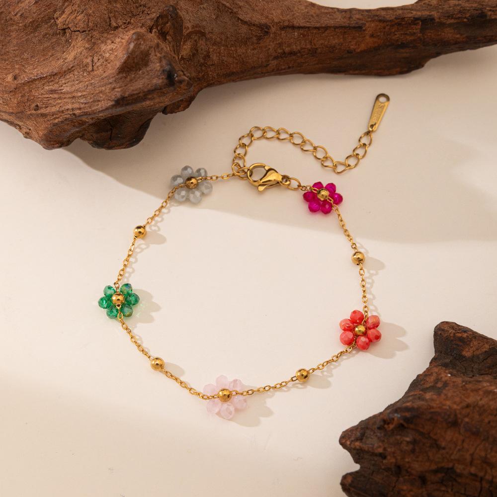 Vintage Color Flower Beaded Necklace Bracelet Dopamine Girl High Sense Light Luxury Small Flower Collarbone Chain Tide