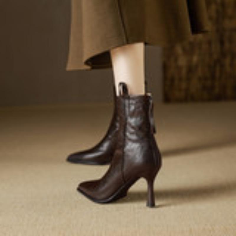 Pointed-toe Shoes, High-heeled Boots, Women's Shoes, Thin Heel, Soft Leather, Versatile, Short Boot