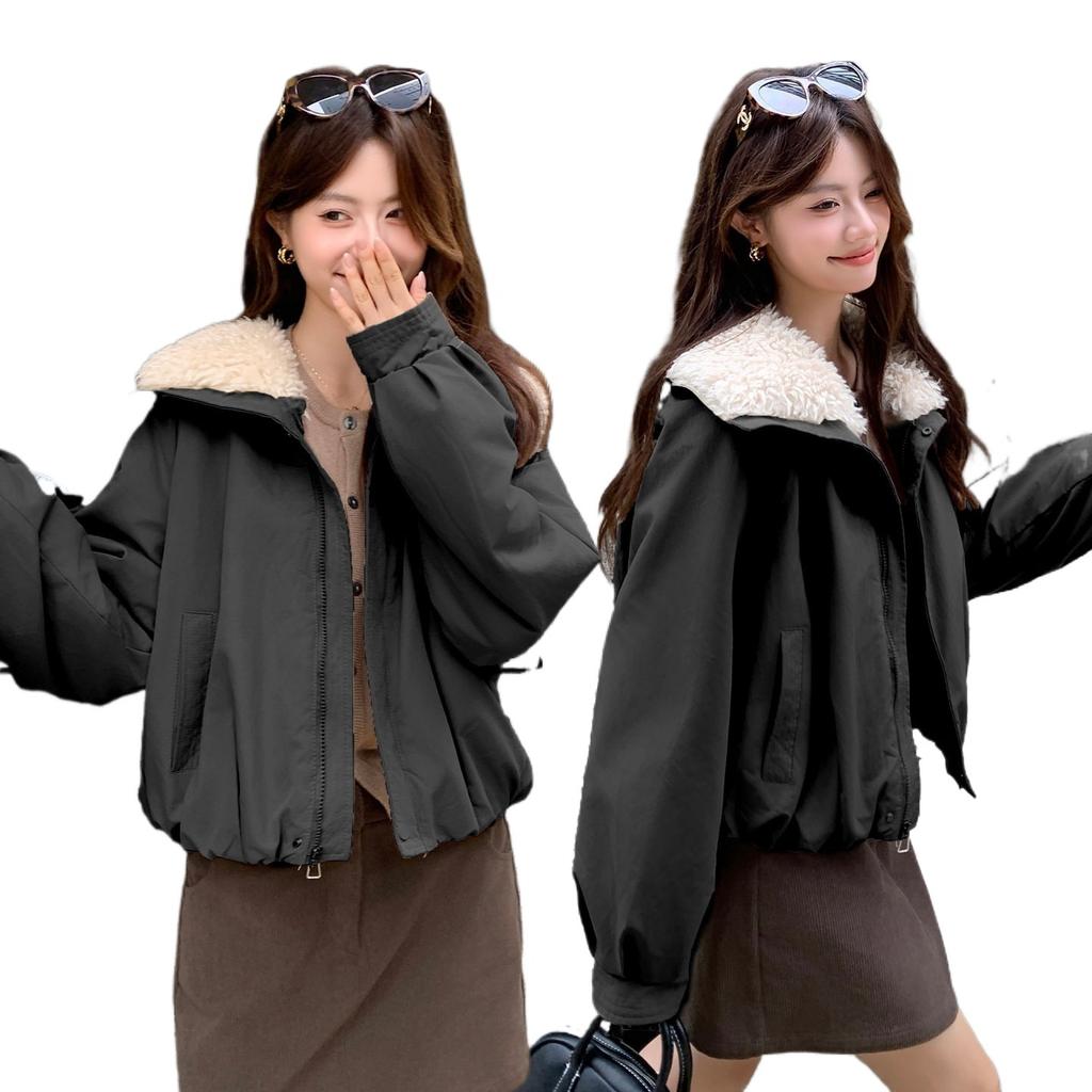 Winter new lamb wool splicing parker cotton clothes women's short small foreign style lapel cotton clothes jacket