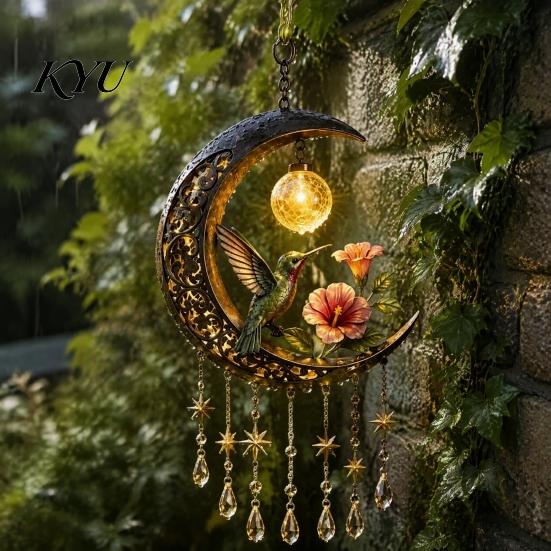 Crystal Tassel Hanging Decor Fairy Moon Wind Chime Pendant, Acrylic Ornament with Star Whimsical Forest & Decors for Garden Balcony Patio, Outdoor