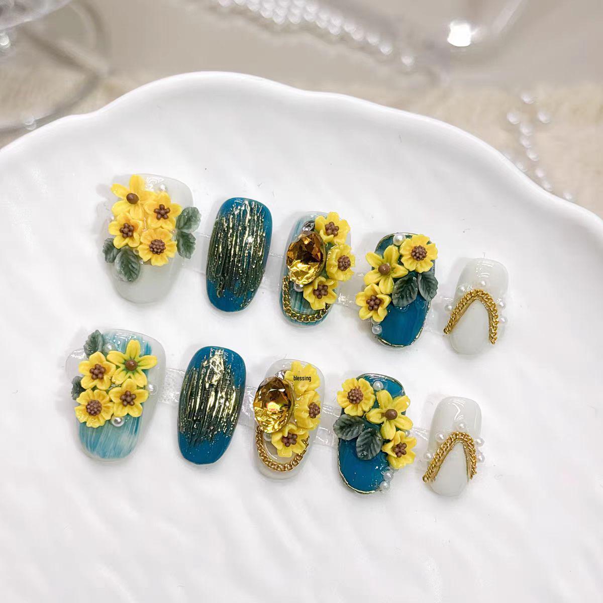 Yellow Sunflower Handmade Cute Whitening False Nails - Short Style